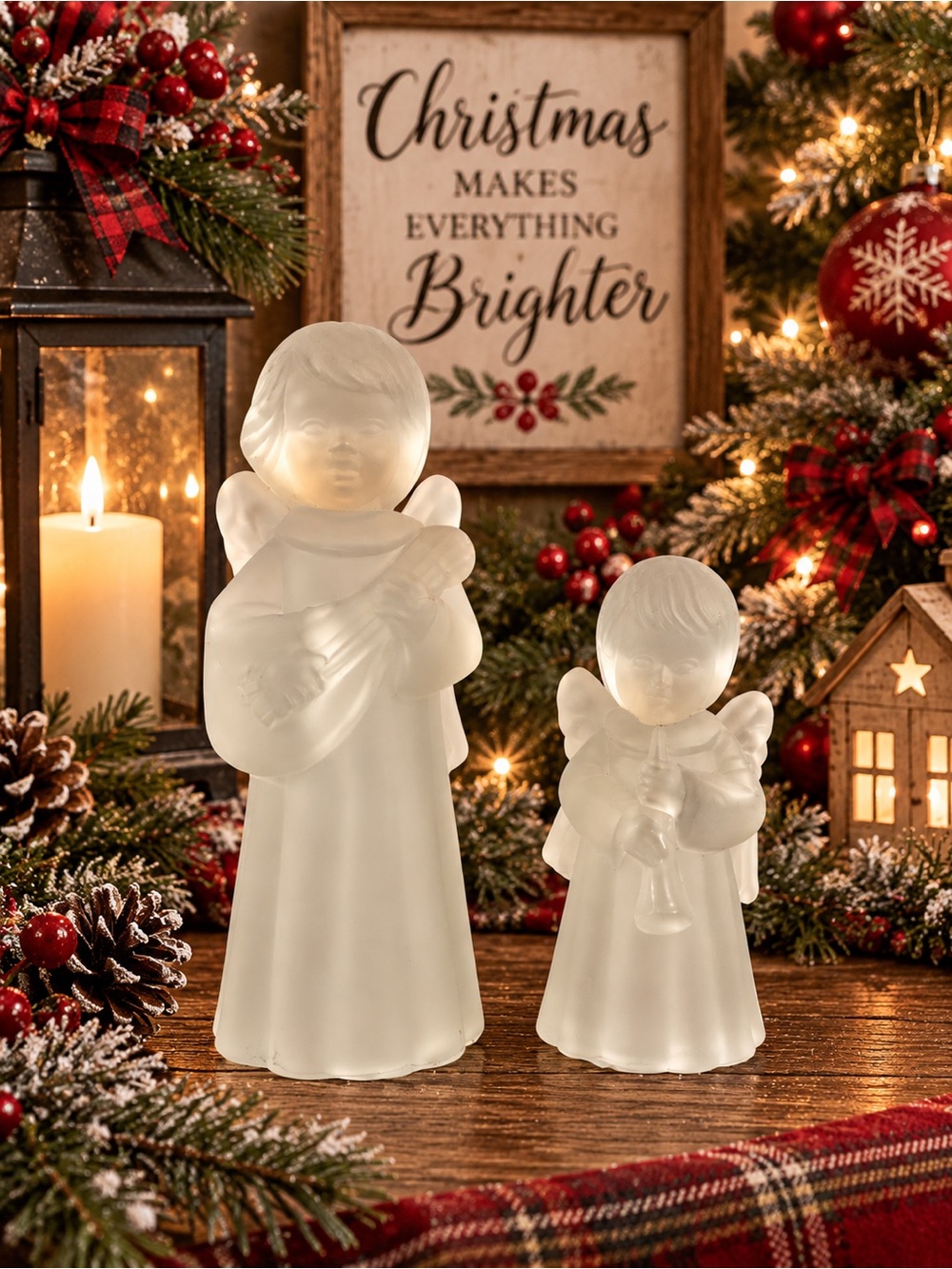 Frosted Glass Musician Angel Candlestick Holders Set Christmas Holiday Decor